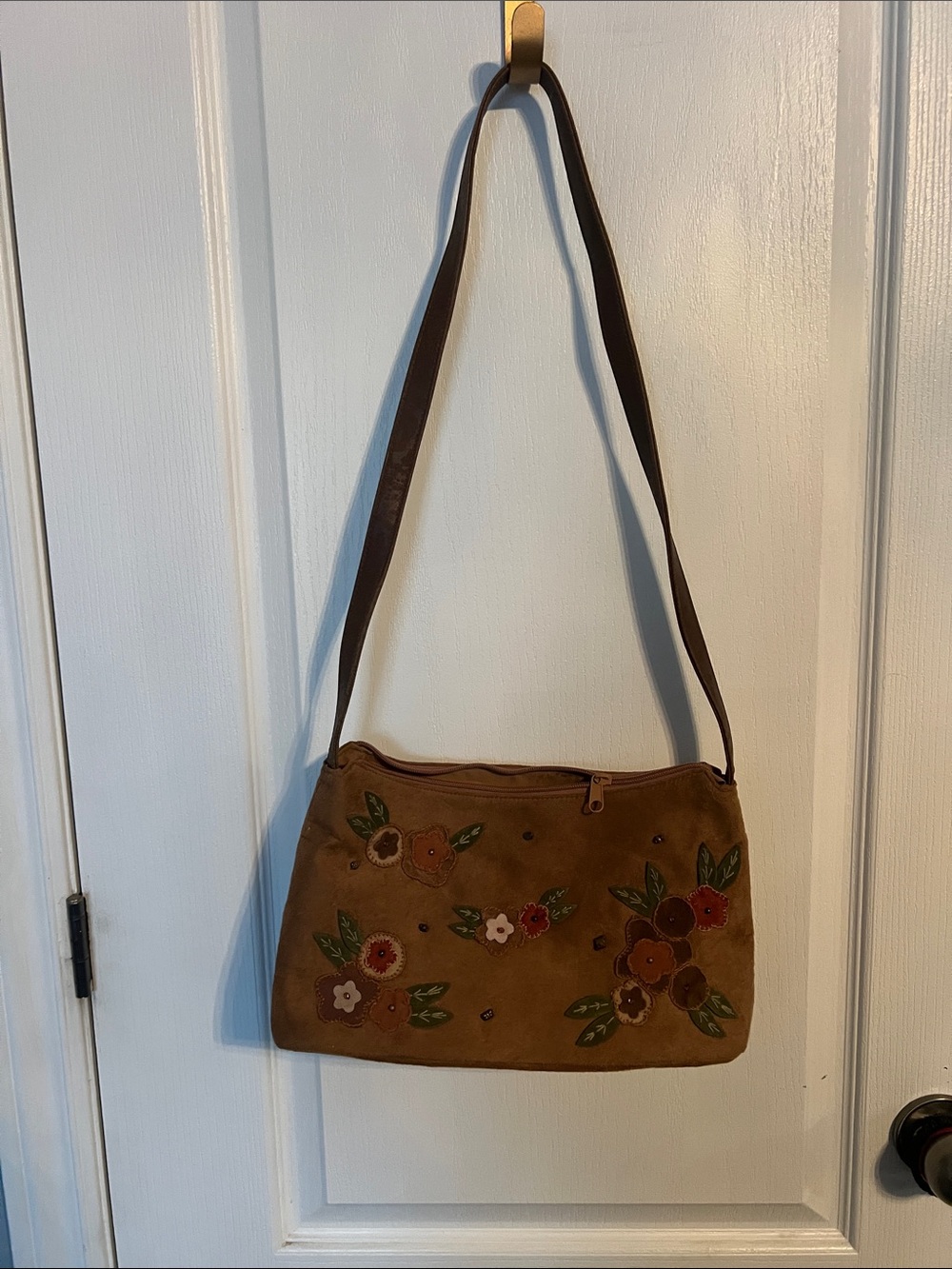 Brown Floral Embroidered Suede Shoulder Bag